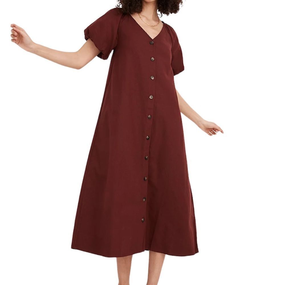 Madewell Red (Re)sponsible Bubble-Sleeve Button-Front Midi Dress Size Small